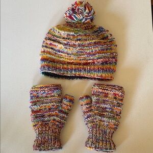 Wool Hat and Fingerless Gloves Set Handmade Fleece Lined Made in Nepal